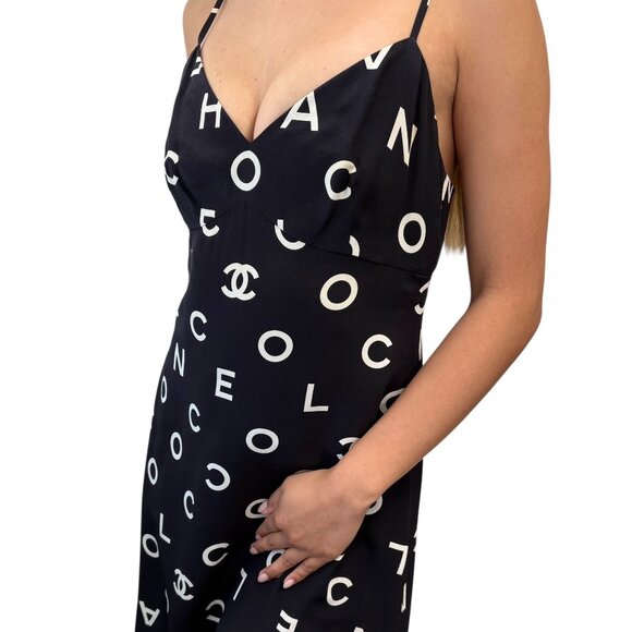 CHANEL Vintage 97P CC Logo Print Silk Camisole Slip Dress #40 Black [106075] - Picture 2 of 13